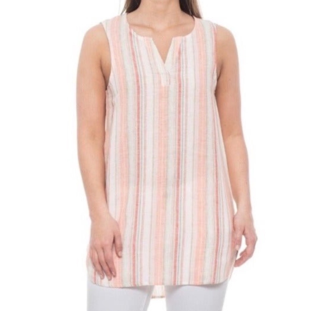 BLL Anthro Jenna Coral Sands Striped Linen Sleeveless Shirt Tunic Tank Blouse